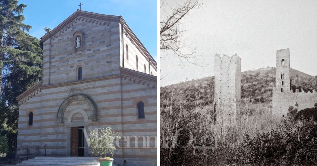 La chiesa di Alberese e una foto storica dell'abbazia di San Rabano (Piero Azzolino, archivio Corsini, Fototeca della Maremma)