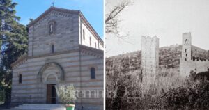 La chiesa di Alberese e una foto storica dell'abbazia di San Rabano (Piero Azzolino, archivio Corsini, Fototeca della Maremma)