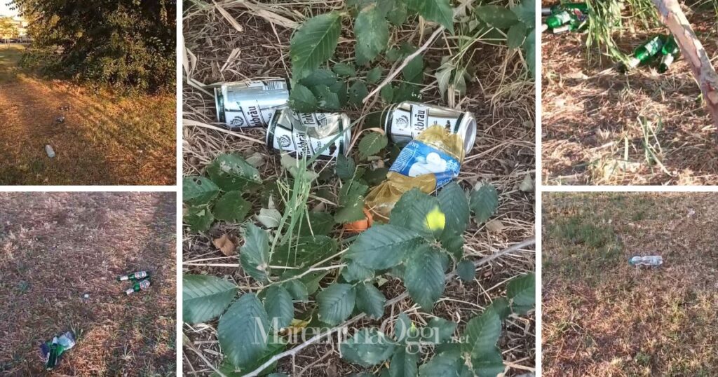 Alcune immagini di bottiglie e resti di bivacco al parco del Diversivo