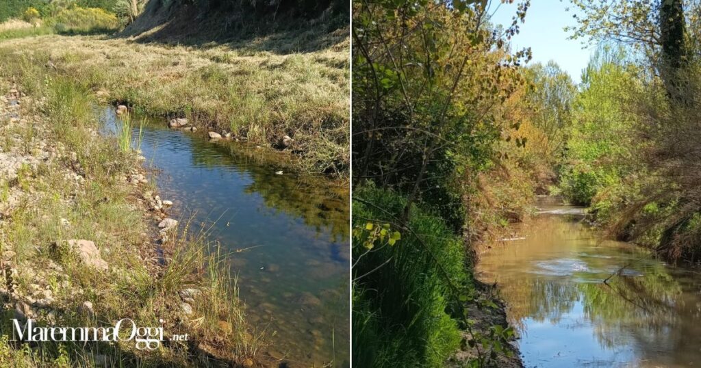 A sinistra il torrente dopo i lavori e a destra il torrente prima dei lavori