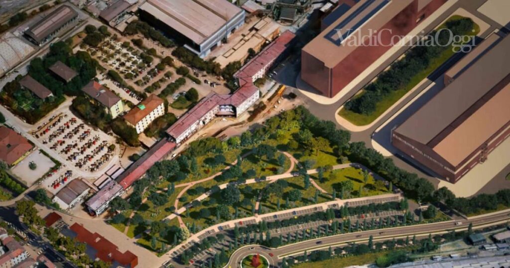 Il rendering delle nuove aree pubbliche, fra la città e la fabbrica