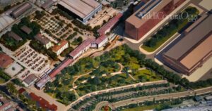 Il rendering delle nuove aree pubbliche, fra la città e la fabbrica