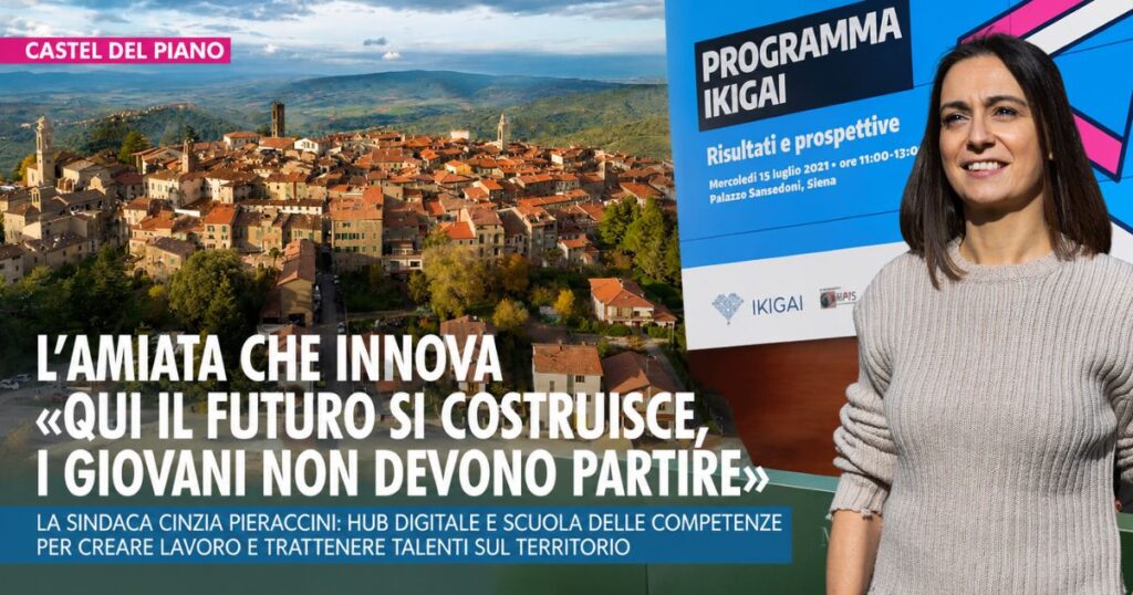 Una veduta di Castel del Piano e la sindaca Cinzia Pieraccini