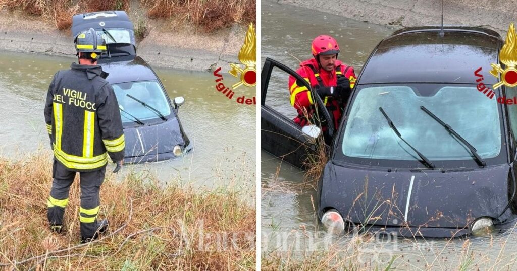 L'auto nel canale e l'intervento dei vigili del fuoco