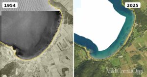 Confronto delle ortofoto del Golfo di Baratti nel 1954 e nel 2025