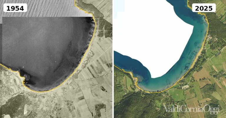 Confronto delle ortofoto del Golfo di Baratti nel 1954 e nel 2025