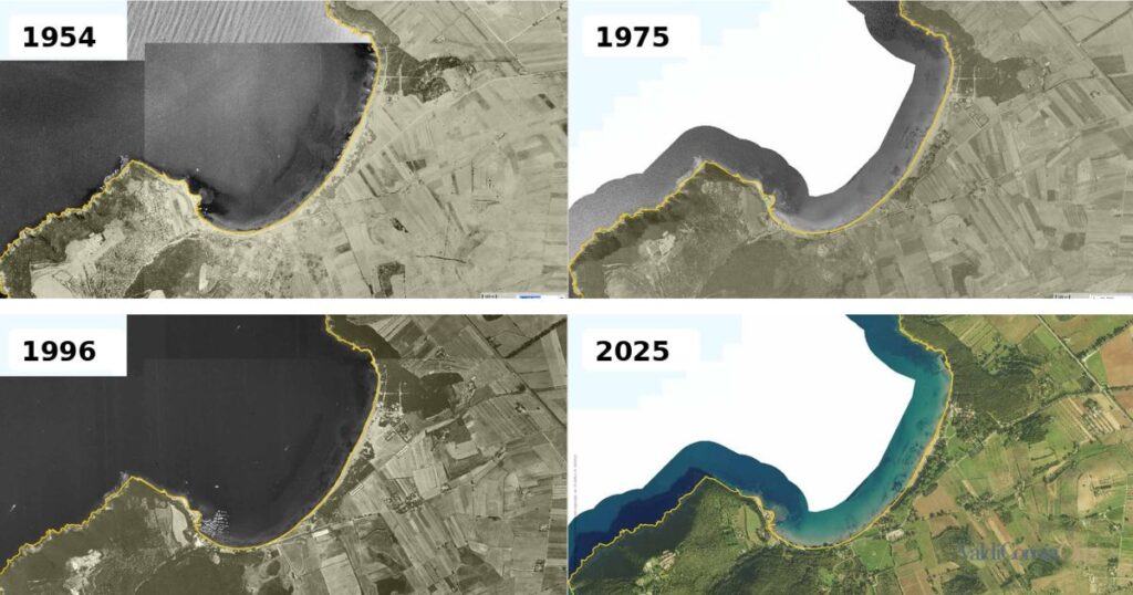 Il Golfo di Baratti nelle ortofoto regionali del 1954, 1975, 1996 e 2025, tutte alla scala 1:10.000. Settantuno anni di trasformazioni del golfo e del territorio retrostante
