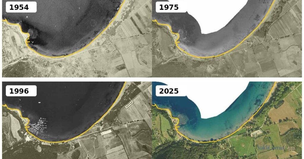 Il settore meridionale e centrale del Golfo di Baratti nel 1954, 1975, 1996 e 2025. È nella parte meridionale che gli studi regionali hanno storicamente individuato alcune delle maggiori criticità erosive