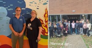 A sinistra Roberto Martinelli e Loriana Landi della Farfalla, a destra i ragazzi della Fondazione Il Sole