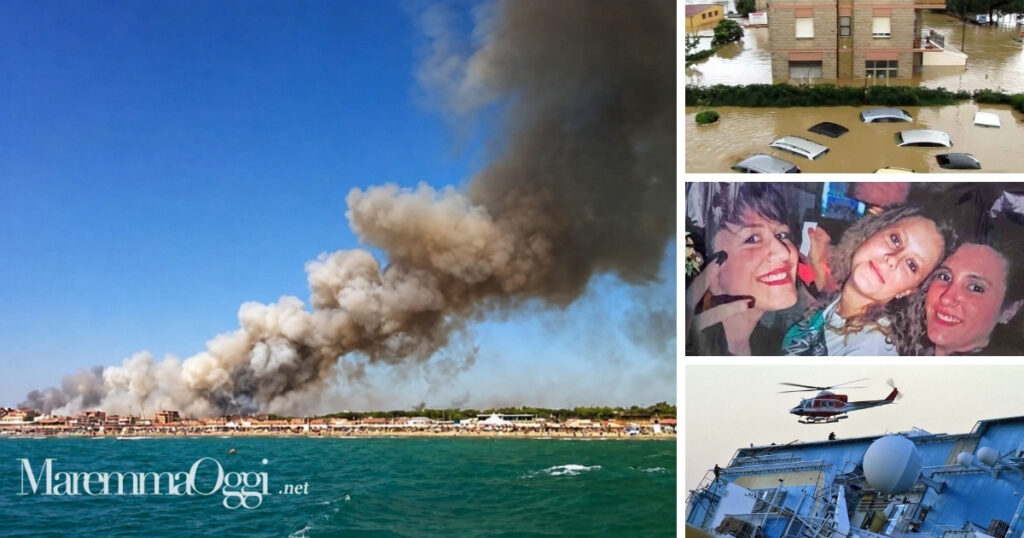 Il devastante incendio di Marina del 2012 visto dal mare, a destra l'alluvione di Albinia, le tre vittime di Sorano e la Costa Concordia
