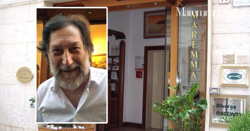 L'ingresso dell'Hotel Maremma, in centro storico a Grosseto, e Maurizio Peccianti