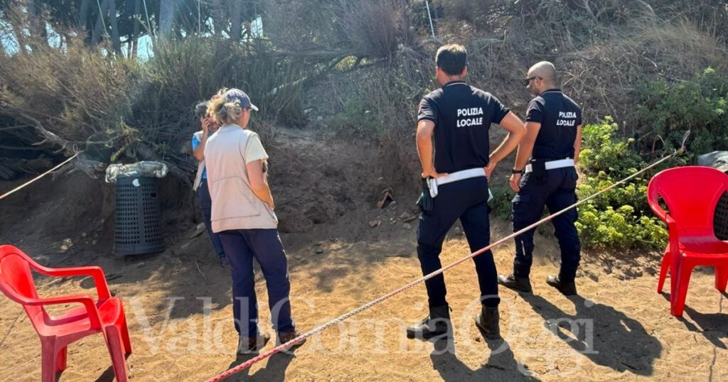 Polizia locale e archeologi sulla spiaggia di Baratti dove è stata trovata la tomba antica