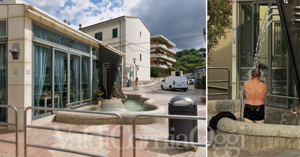 La fontana all'inizio della zona pedonale di San Vincenzo e la doccia del turista