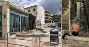 La fontana all'inizio della zona pedonale di San Vincenzo e la doccia del turista