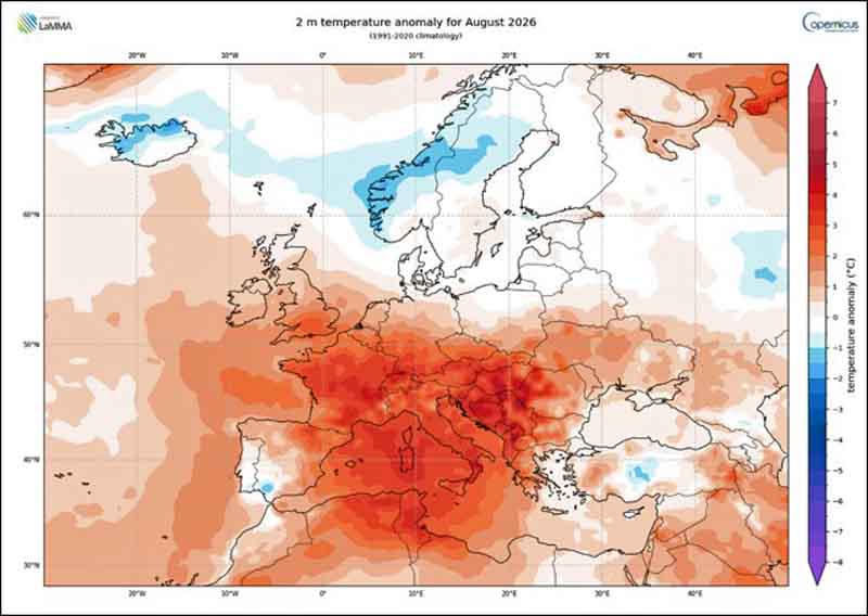 Anomalia termica del mese di agosto sulla base delle rilevazioni satellitari effettuate dal sistema europeo Copernicus.