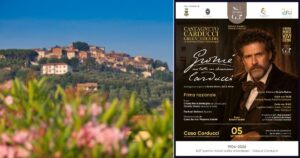 Una veduta di Castagneto Carducci e la locandina di “Giosuè... ma tutti mi chiamano Carducci”
