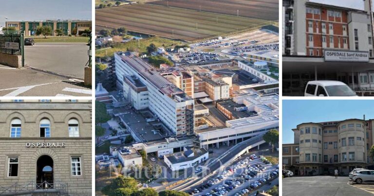 I cinque ospedali dell'Asl Sud Est: Grosseto al centro, a sinistra Orbetello e Pitigliano, a destra Massa Marittima e Castel del Piano