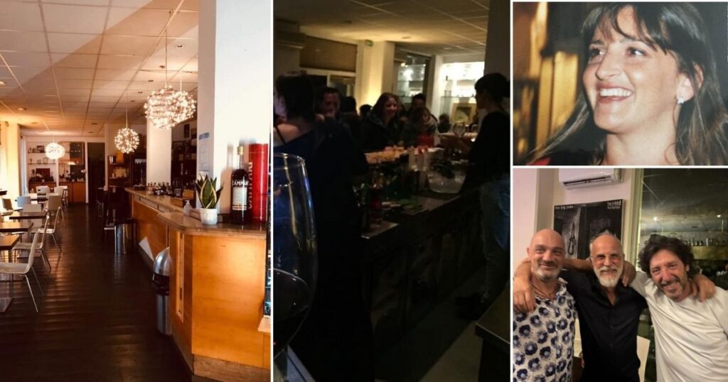 L'interno del bar Dribbling e in alto a destra Romina Laurenti e in basso a sinistra alcuni clienti storici del bar Dribbling