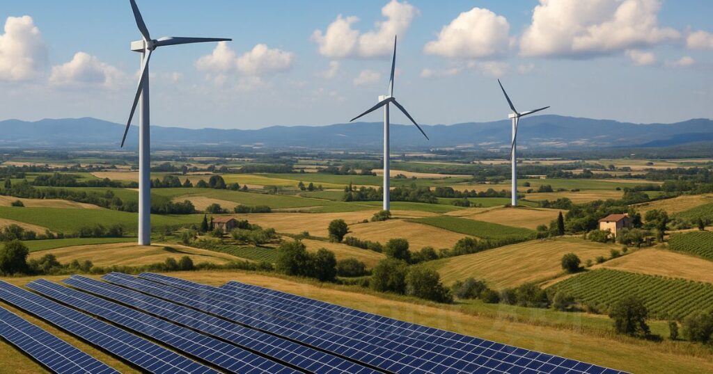 Impianti eolici e fotovoltaici nella campagna (foto indicativa, generata con AI)