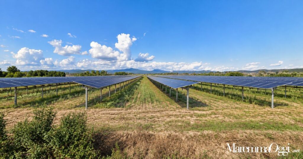 Un fotomontaggio di un impianto agrivoltaico nei campi a nord della strada dell'Ingegnere, a due passi da Sticciano Scalo