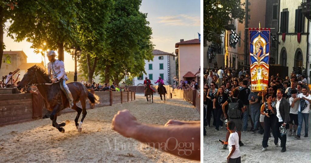 Diego Minucci porta le Storte al trionfo, a destra la festa della contrada