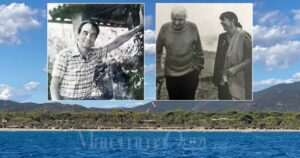 La pineta di Roccamare vista dal mare, a sinistra Italo Calvino nel portico della sua villa in pineta, a destra Carlo Fruttero con la figlia Carlotta sulla spiaggia