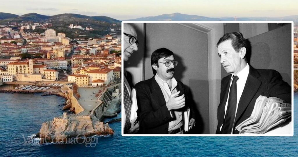 Una veduta di Piombino e un giovane Fabio Mussi con Enrico Berlinguer