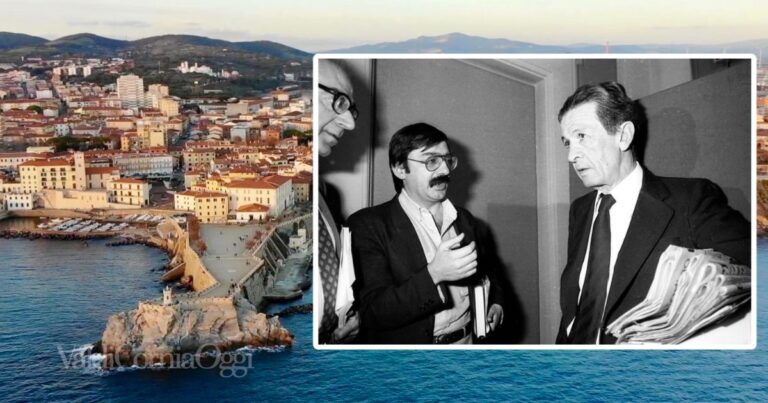 Una veduta di Piombino e un giovane Fabio Mussi con Enrico Berlinguer
