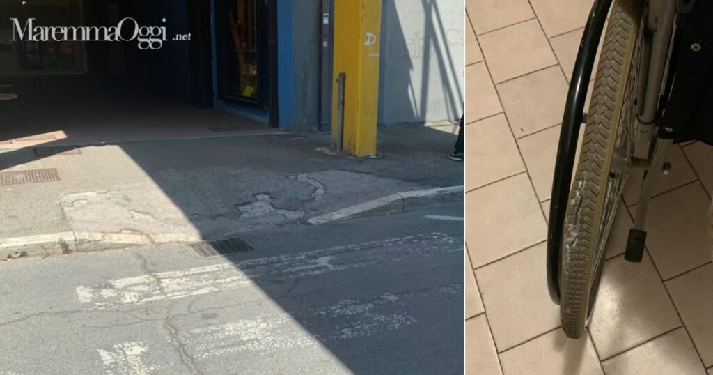 Il marciapiede e la ruota della sedie a rotelle spaccata