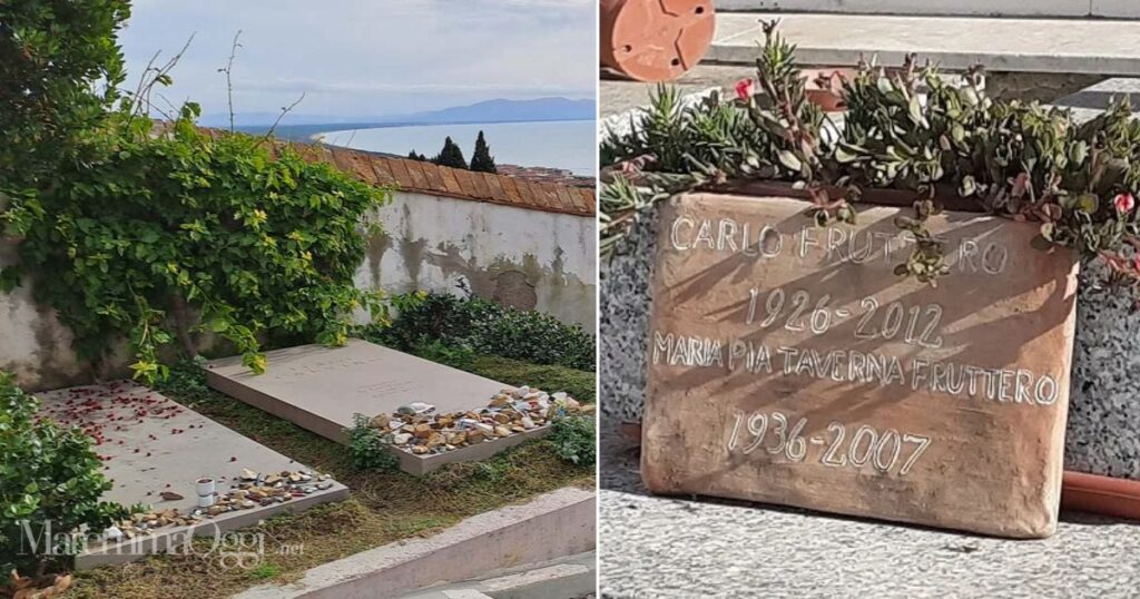 Cimitero di Castiglione, a sinistra la tomba di Italo Calvino e della moglie Esther Judith Singer, a destra la tomba di Carlo Fruttero e della moglie Maria Pia