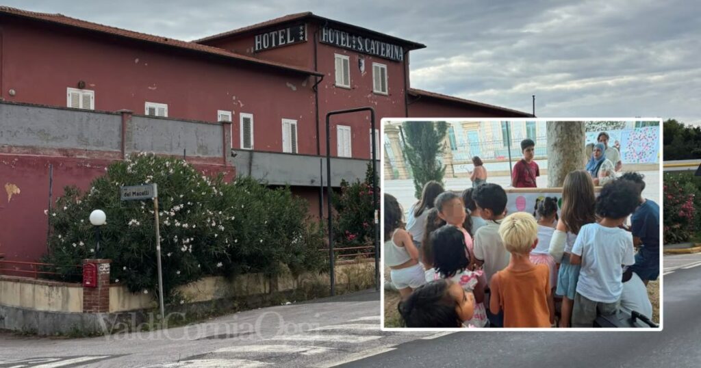 L'hotel Santa Caterina a San Vincenzo e alcuni dei bambini ucraini a scuola a Piombino