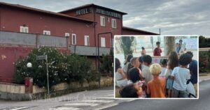 L'hotel Santa Caterina a San Vincenzo e alcuni dei bambini ucraini a scuola a Piombino