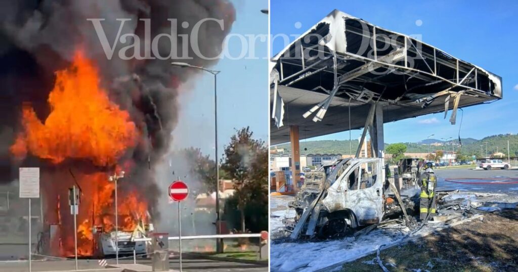 Brucia camper nel distributore Conad di Venturina: a sinistra le fiamme, a destra l'intervento dei vigili del fuoco