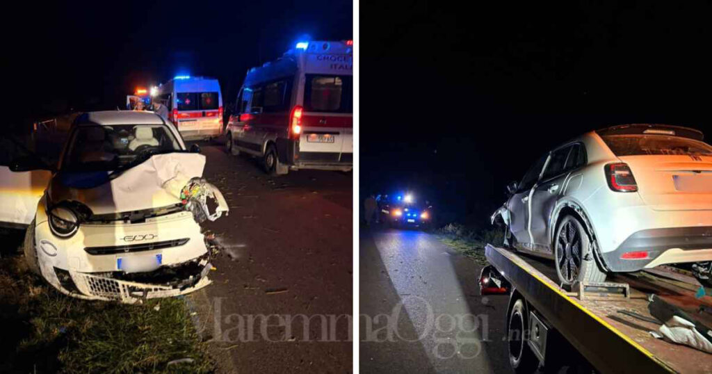 La Fiat 600 dopo l'incidente sulla strada Valmarina a Capalbio