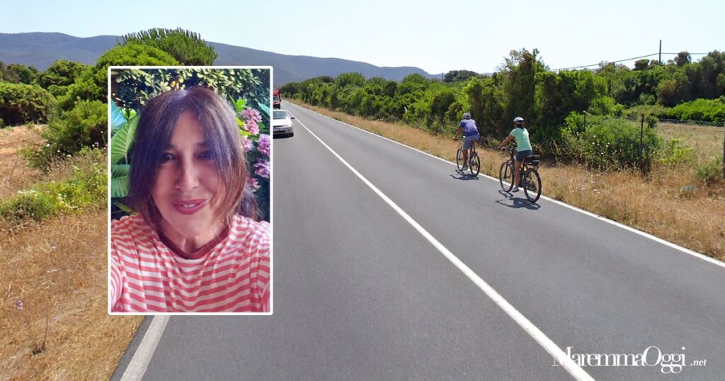 Due ciclisti pericolosamente in mezzo alla strada sulla provinciale della Giannella e, nel riquadro, Lauretta Bianchi del Pd
