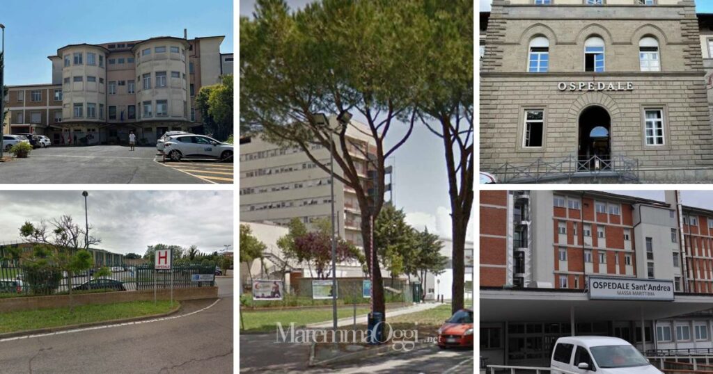 I cinque ospedali dell'Asl Sud Est: Grosseto al centro, a sinistra Orbetello e Pitigliano, a destra Massa Marittima e Castel del Piano