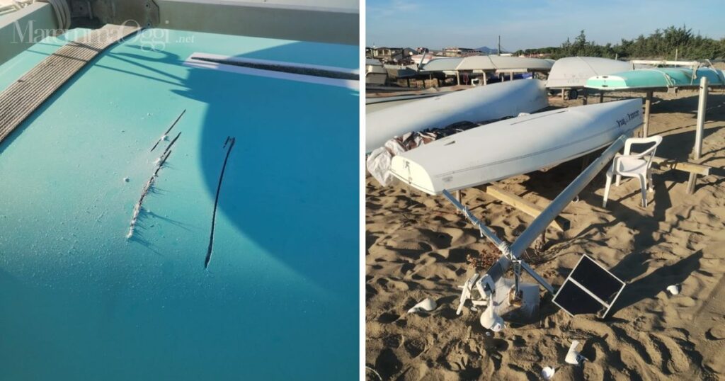 Due immagini dei danni fatti dai vandali alle barche e agli impianti dei circoli della vela a Marina