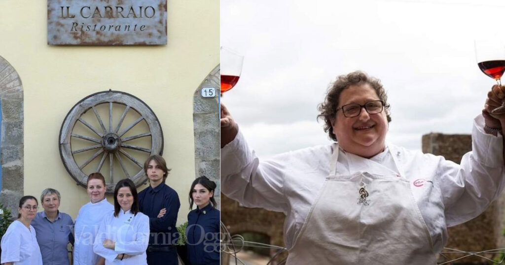 A sinistra Gaia Cerrito con lo staff del Carraio di Scansano, a destra Valeria Piccini, la regina della ristorazione in Maremma con il suo Caino, a Montemerano