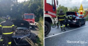 Due immagini dell'incidente davanti alla cascate del Gorello