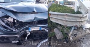L'auto dopo lo scontro e il guard-rail all'ingresso del distributore Ip
