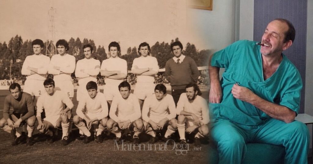 Lorenzo Zauli con il camice da medico e, a sinistra, una formazione del Grosseto nel 1976-77
