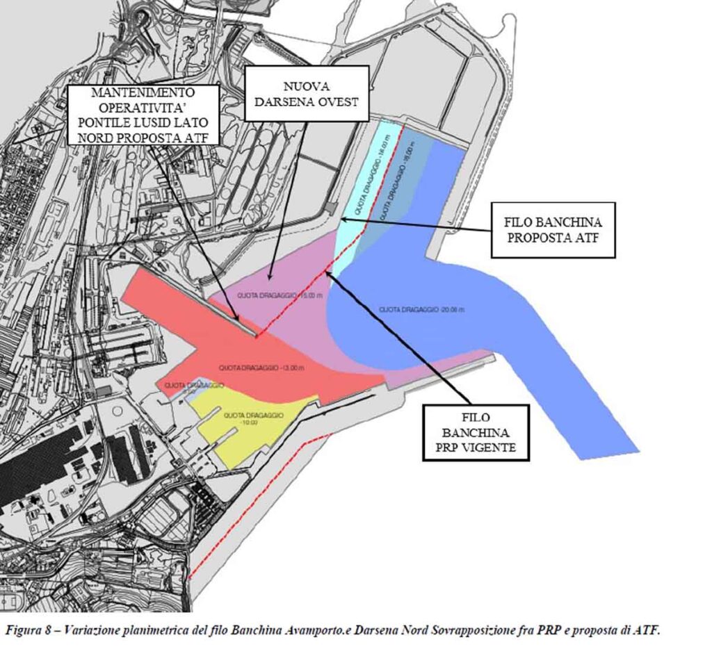Immagine 1 – Il nuovo disegno delle banchineLa proposta dell'Autorità portuale per la Darsena Nord e l'Avamporto: la nuova Darsena Ovest, la diversa posizione delle banchine e le profondità previste per i fondali.