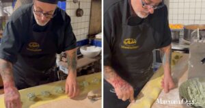 Due momenti della preparazione dei tortelli maremmani. Nelle foto Massimiliano Pepi degli Attortellati