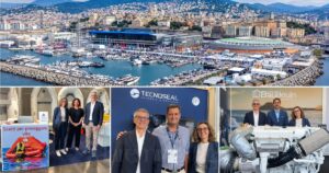 Il Salone Nautico di Genova e sotto da sinistra: Giovanni Mascagni e Rita Collina con Marica Orioli di Eurovinil, Giovanni Mascagni e Rita Collina con Filippo Soffici di Tecnoseal e Giovanni Mascagni e Rita Collina con Claudio Vitelli