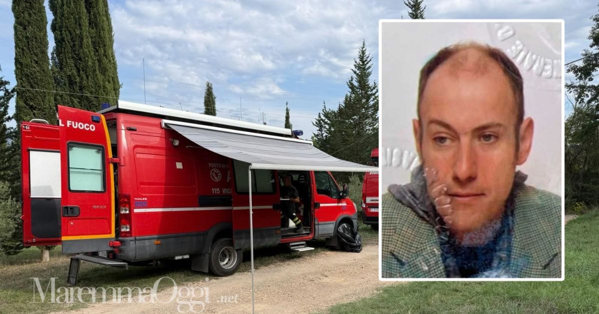 Un momento delle ricerche a Monterotondo Marittimo e la foto dello scomparso