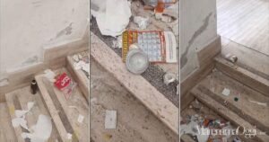 La sporcizia sulle scale del palazzo in via Oberdan