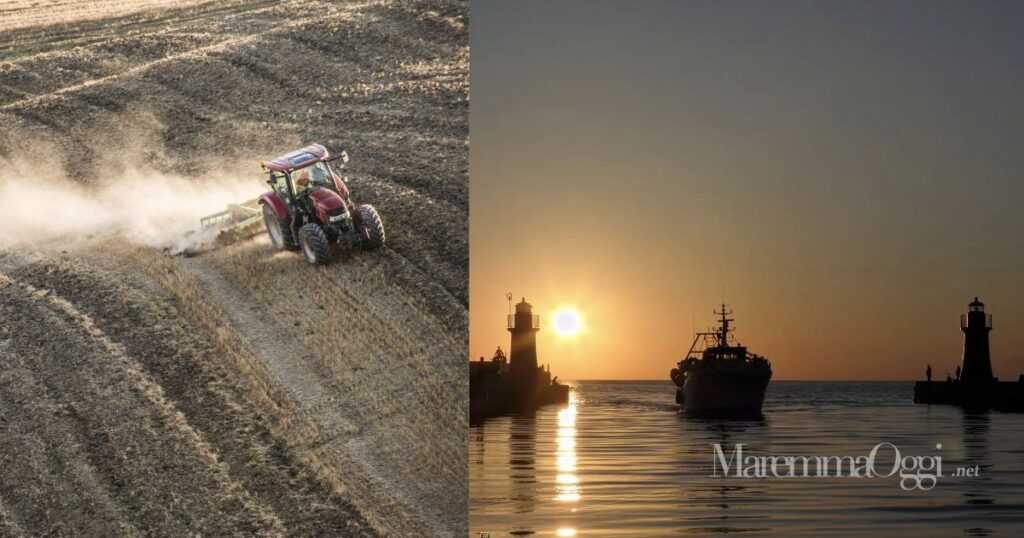 Un trattore al lavoro in un campo in Maremma e un pescatore di rientro al porto di Castiglione della Pescaia